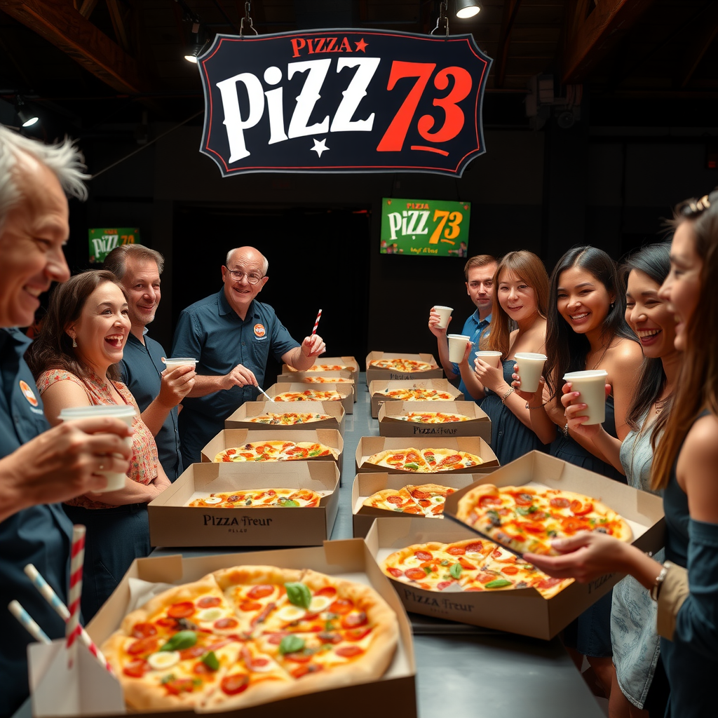 Wide shot of successful Pizza 73 catered event with happy guests enjoying pizza, professional setup with branded materials, energetic atmosphere