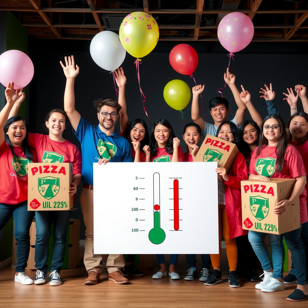 Excited group of students and volunteers celebrating reaching a fundraising milestone with Pizza 73 boxes, holding a large thermometer-style goal tracker showing progress, with balloons and celebratory decorations