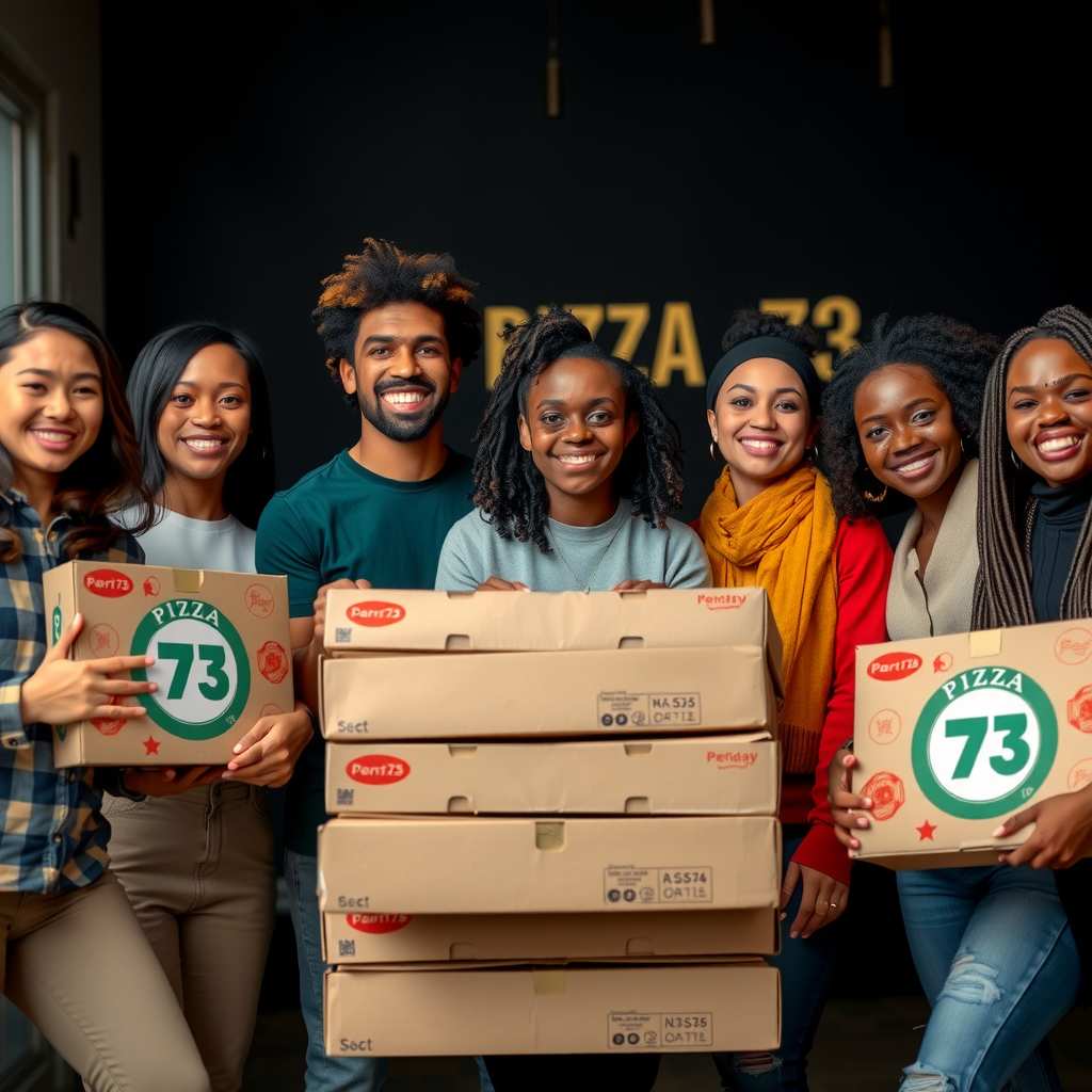 Inspiring image of diverse community members from various organizations coming together with Pizza 73 boxes, showing unity and excitement about starting their fundraising journey with confident, determined expressions