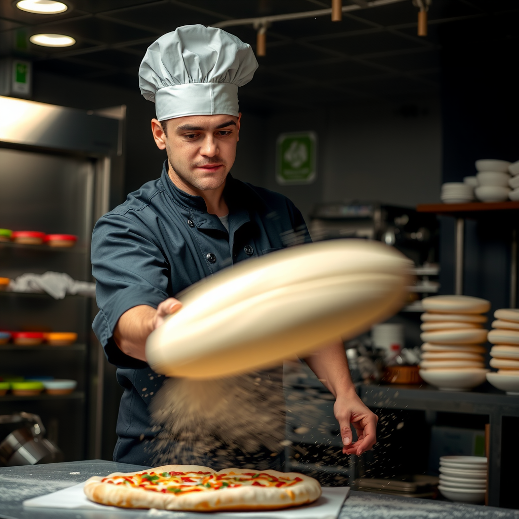Professional pizza chef tossing fresh pizza dough in modern commercial kitchen with stainless steel equipment, wearing black chef uniform, dynamic action shot with flour particles in air, dramatic lighting highlighting the spinning dough