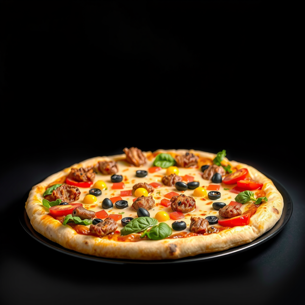 Pizza 73's new Beyond Meat Supreme pizza featuring plant-based meat alternatives, colorful vegetables, and melted vegan cheese on a perfectly baked crust, displayed on a modern black plate with dramatic lighting highlighting the fresh toppings and golden crust