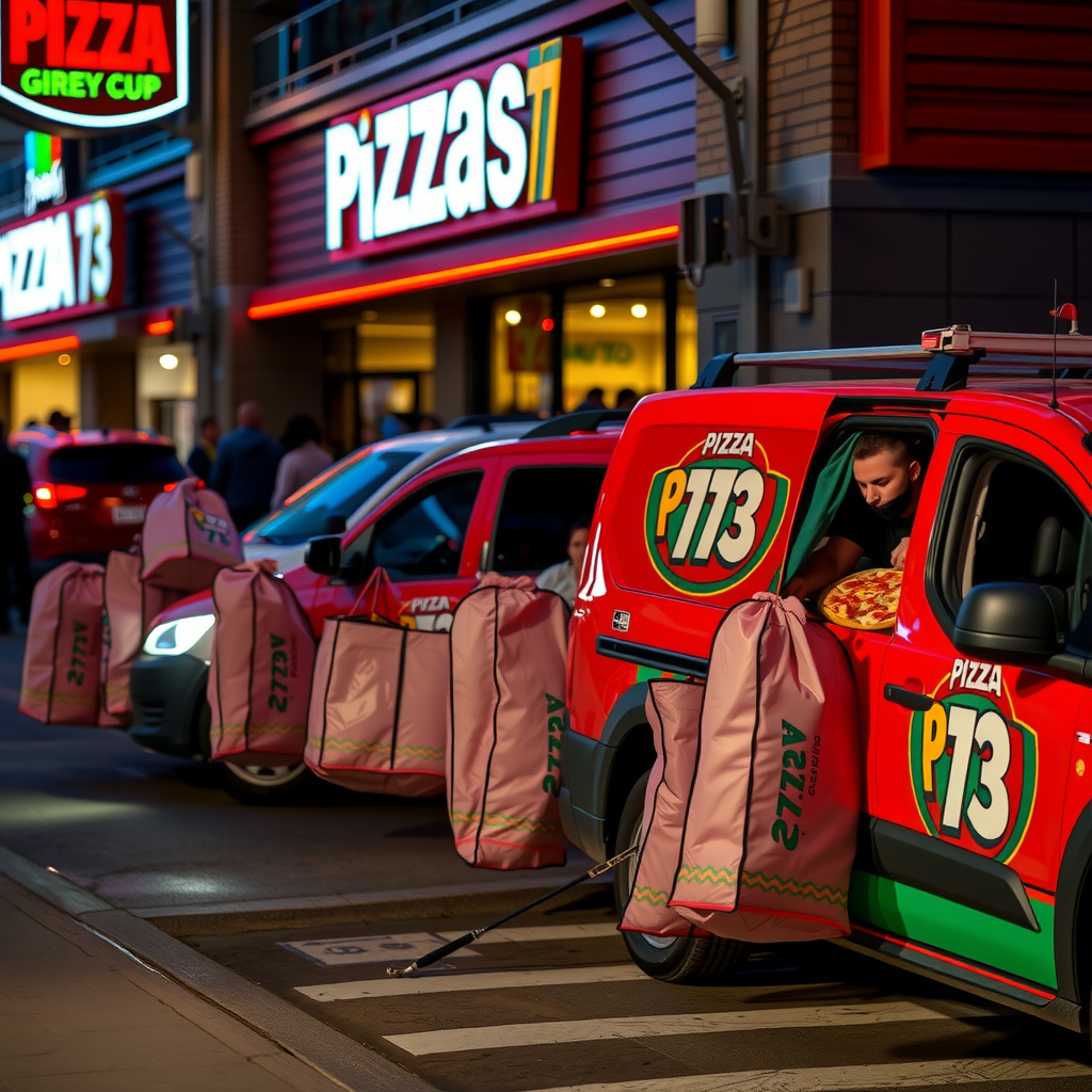 Pizza 73 delivery vehicles lined up outside a bustling location during Grey Cup weekend, with delivery drivers loading insulated bags full of fresh pizzas, bright Pizza 73 branding visible on vehicles, evening lighting, high-energy atmosphere
