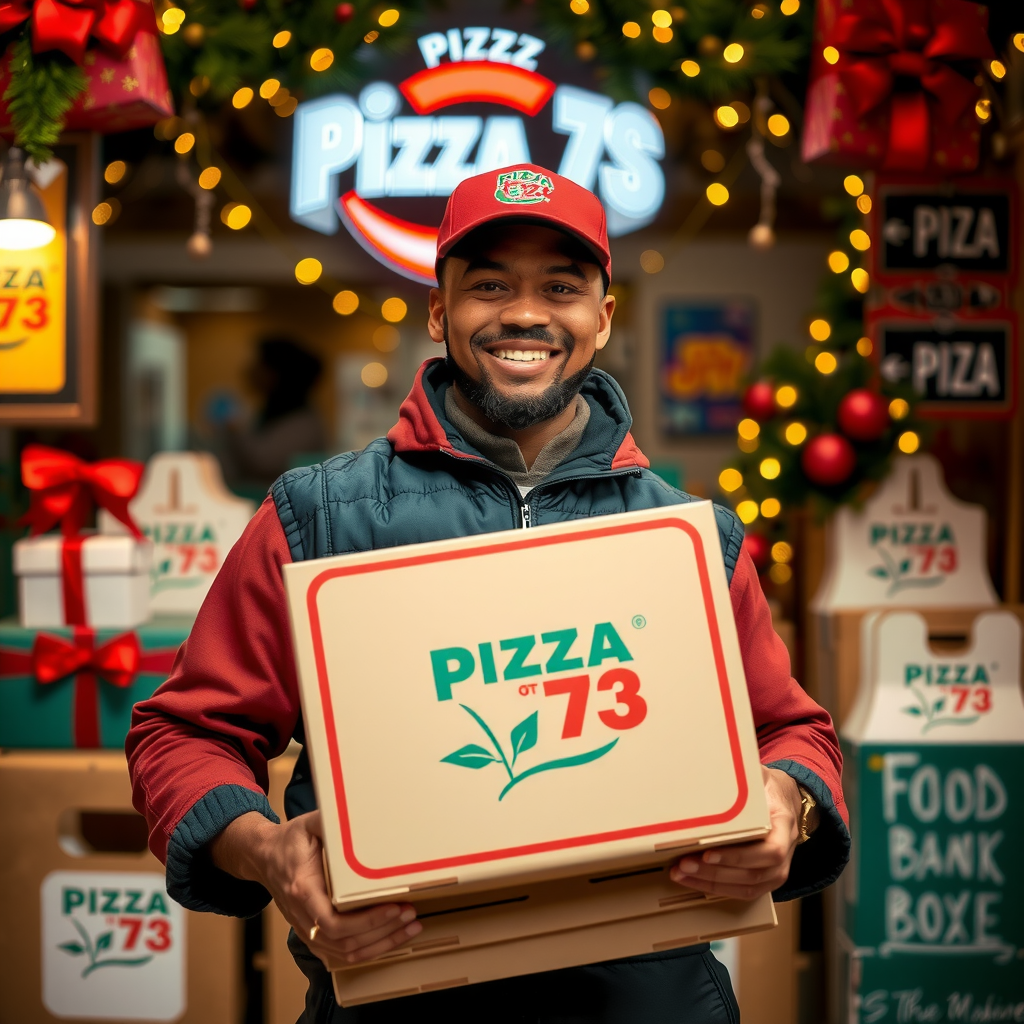 Pizza 73 delivery driver holding pizza boxes with holiday decorations and food bank donation boxes in the background, featuring the Pizza 73 logo and festive atmosphere with warm lighting