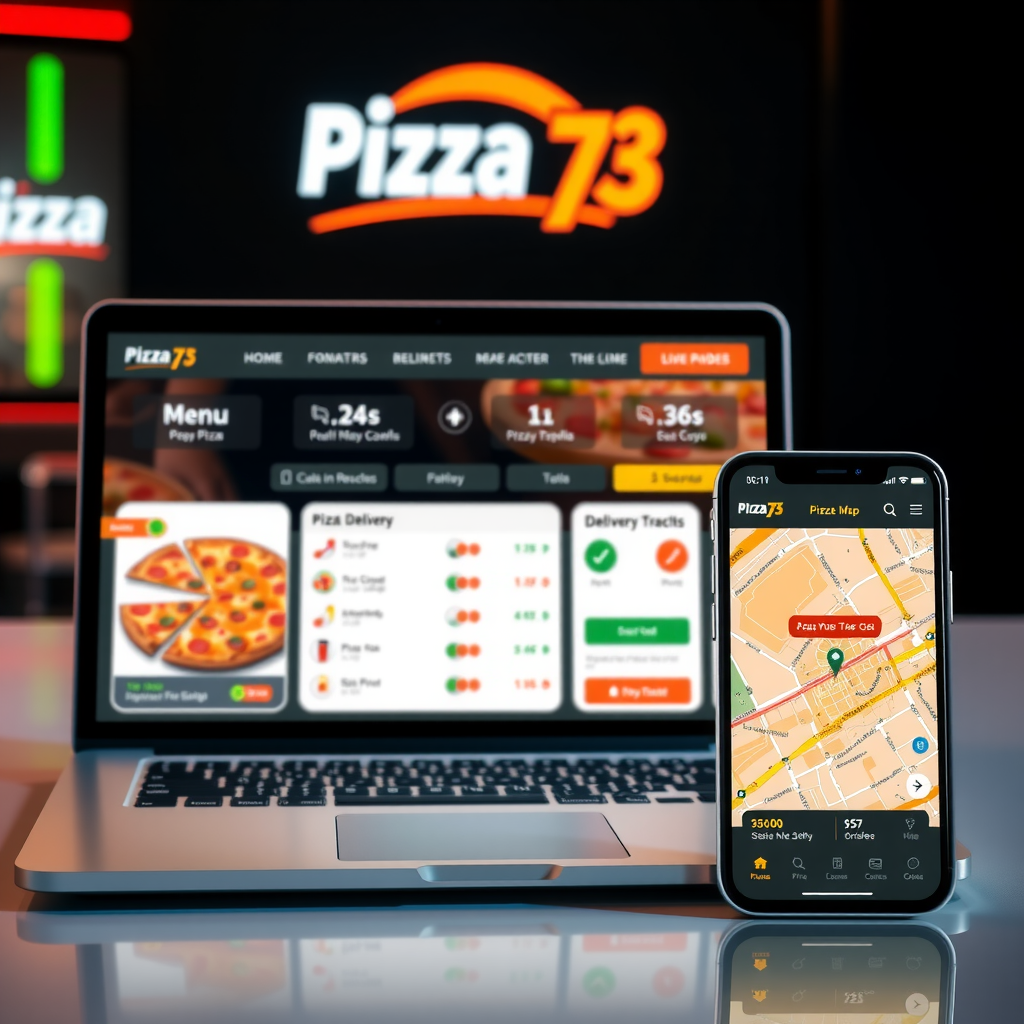 Modern digital interface showing Pizza 73 online ordering system on laptop and smartphone with pizza menu, shopping cart, and real-time delivery tracking map with neon green and orange accents