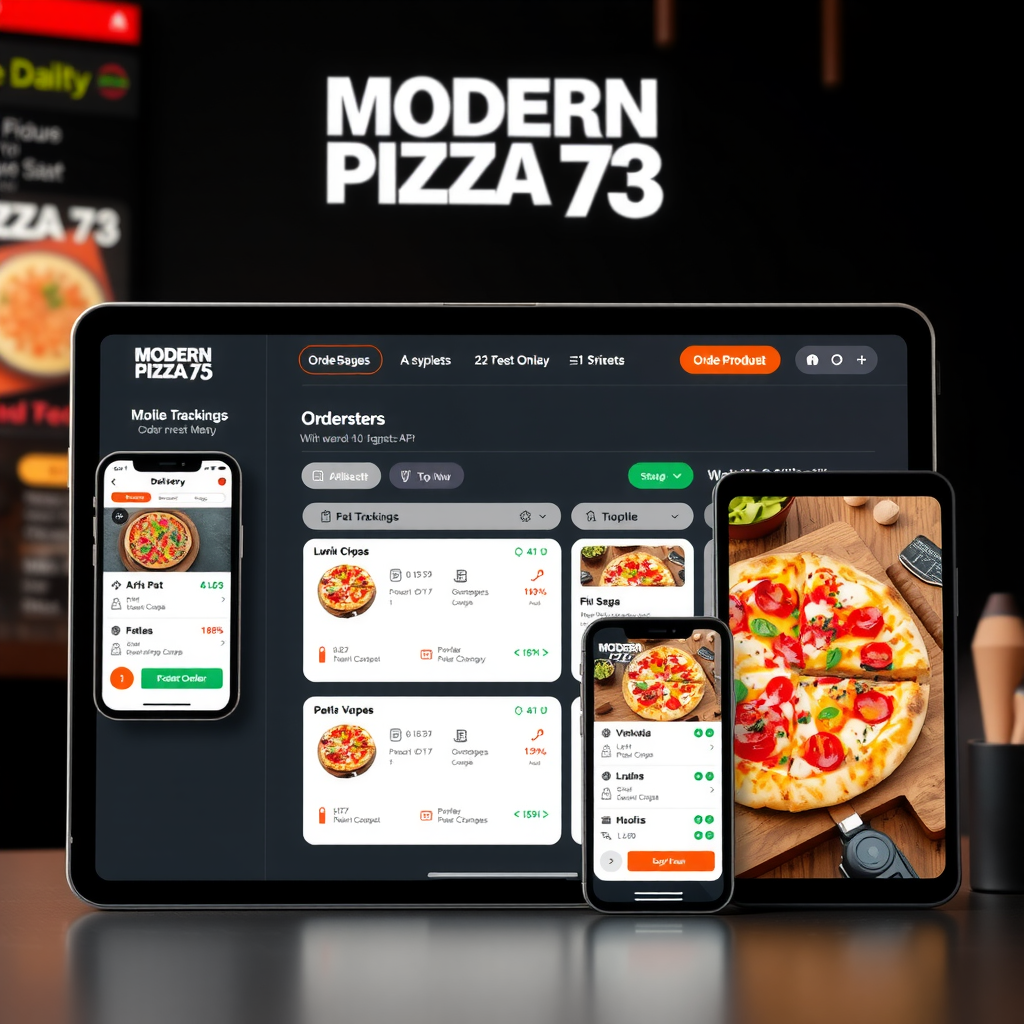 Modern Pizza 73 online ordering interface showing mobile app and website dashboard with real-time order tracking, menu selection, and delivery status updates on multiple devices including smartphone and tablet