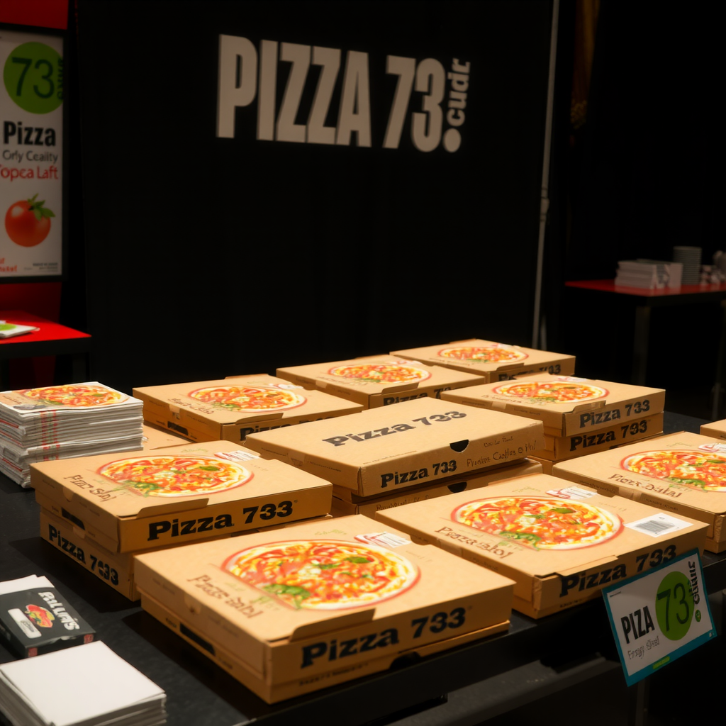 Professional Pizza 73 catering setup with multiple pizza boxes arranged on tables, disposable serving supplies, and branded materials for a corporate event