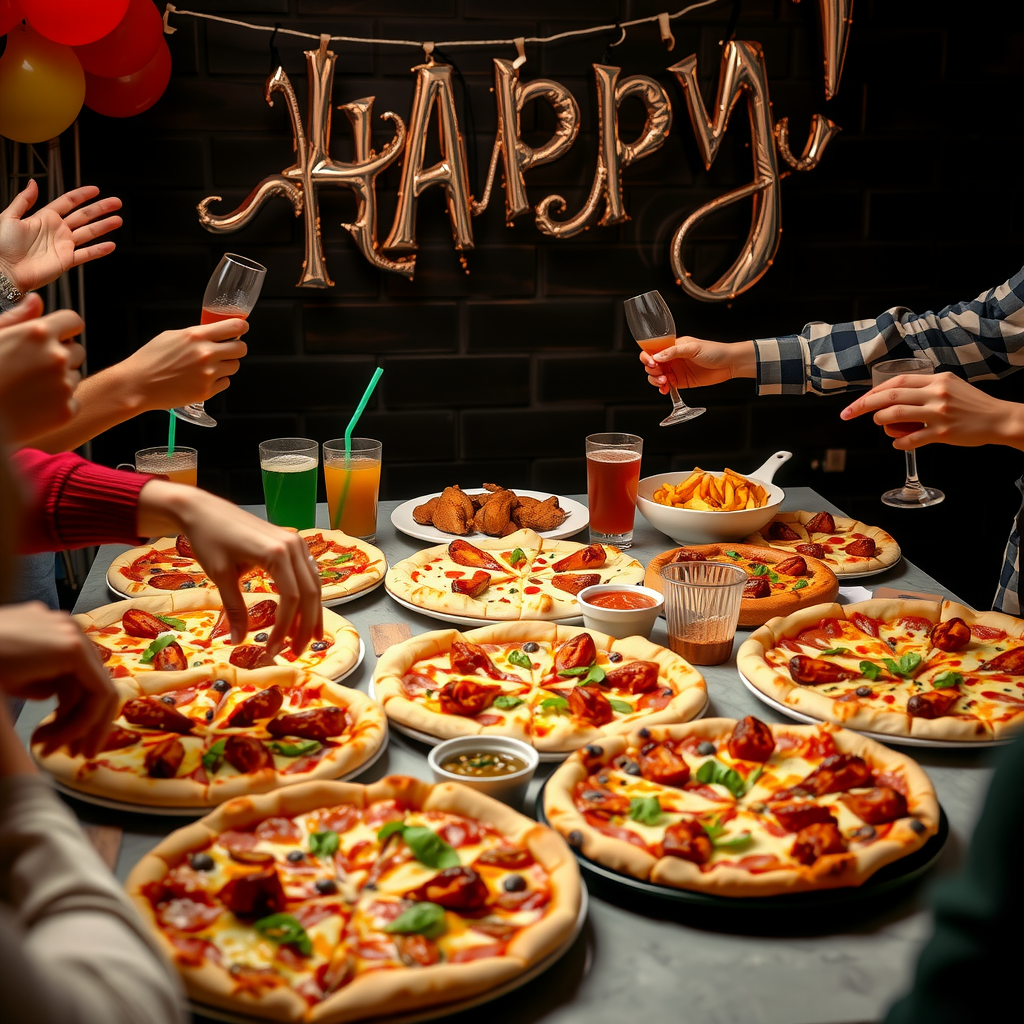 Large spread of multiple pizzas, wings, sides and beverages arranged on a table for a party, with people's hands reaching for food in a celebratory atmosphere
