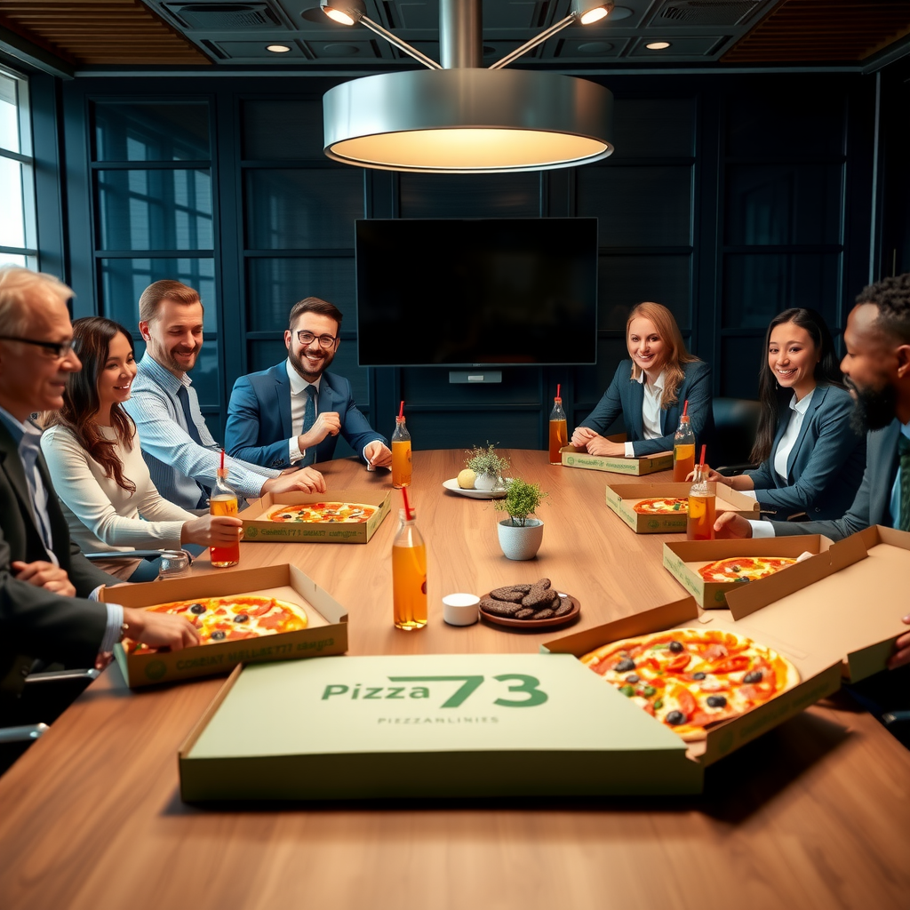 Professional business team enjoying Pizza 73 corporate lunch delivery in modern office boardroom with multiple pizza boxes and beverages on conference table