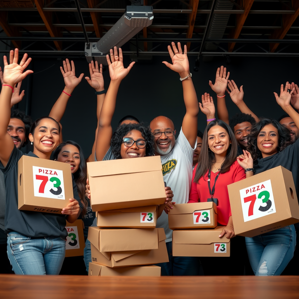 Diverse group of enthusiastic volunteers and community members celebrating a successful fundraising event with Pizza 73 boxes, showing teamwork and community spirit with bright smiles and raised hands in victory