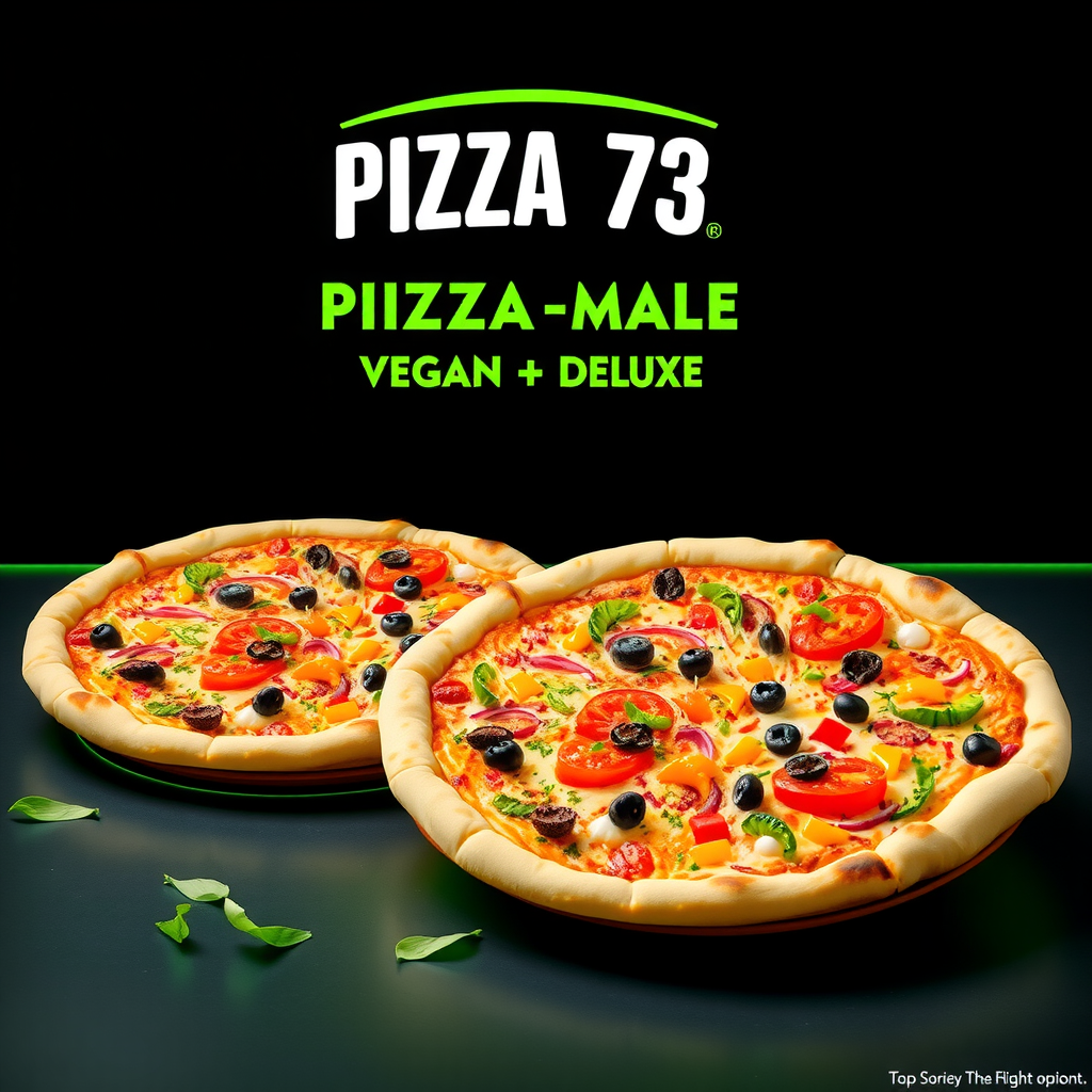 Vibrant display of Pizza 73's new plant-based pizza options featuring Beyond Meat Supreme and Vegan Deluxe pizzas with colorful vegan cheese and fresh vegetable toppings on a modern dark background with neon green accents