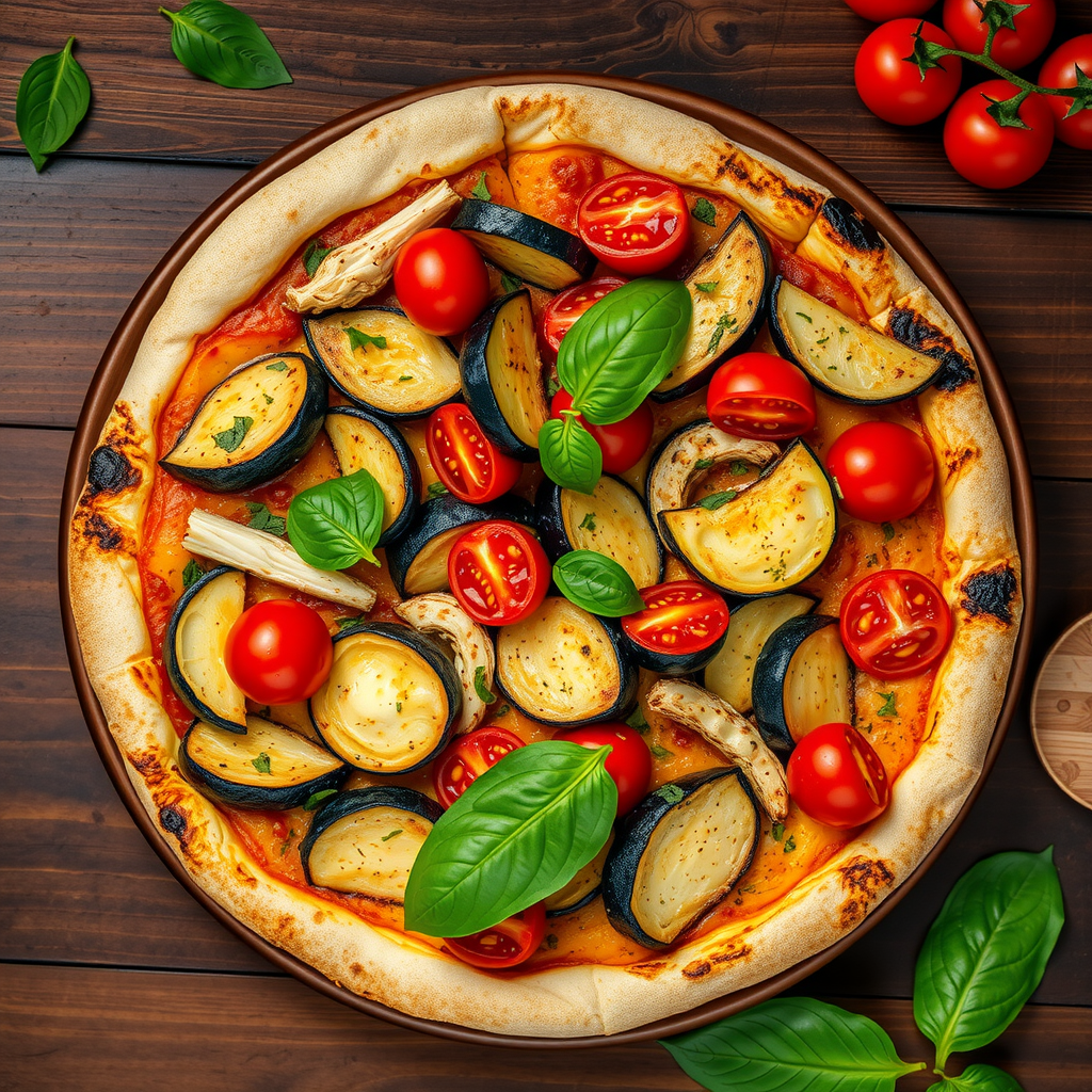 Pizza 73's Vegan Deluxe pizza showcasing an abundance of colorful roasted vegetables including zucchini, eggplant, cherry tomatoes, and artichoke hearts, topped with herbs and vegan cheese, photographed from above on a rustic wooden board with fresh basil leaves as garnish