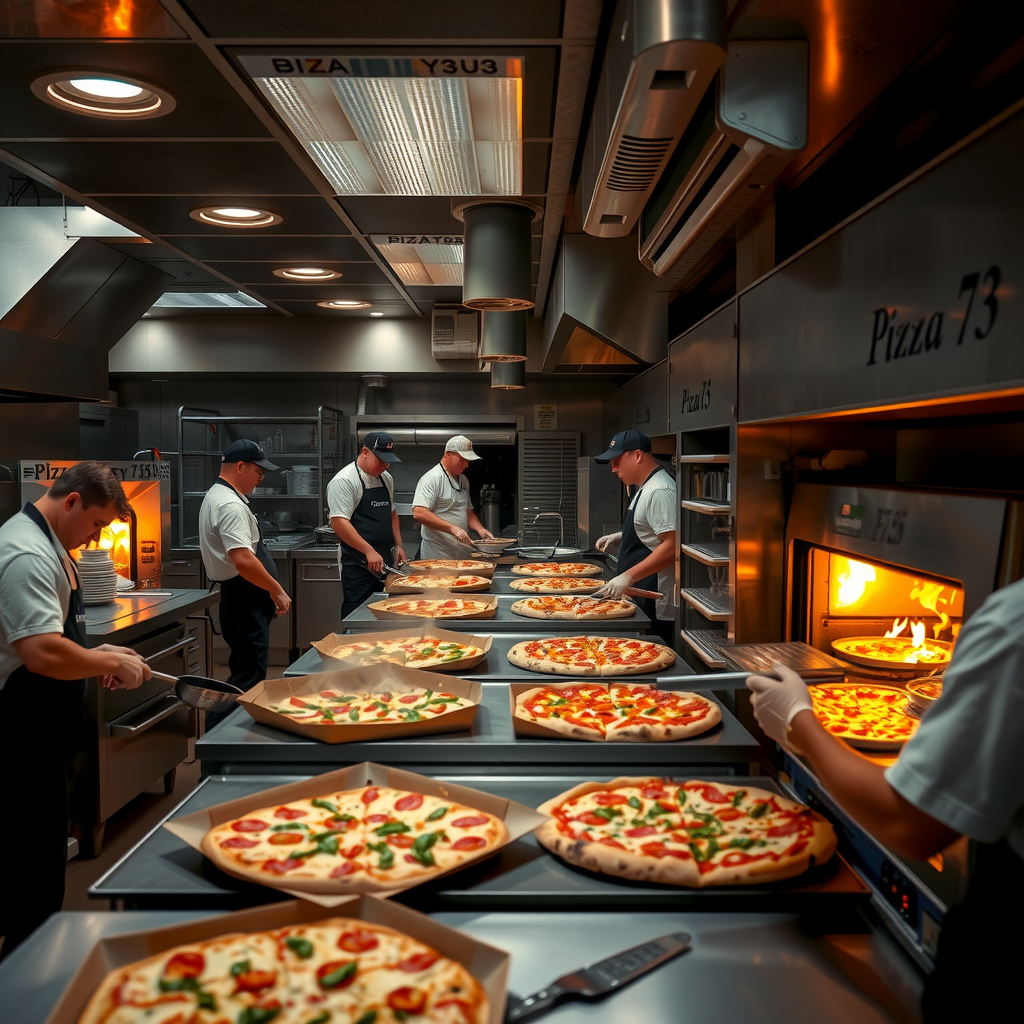Busy Pizza 73 kitchen during Grey Cup weekend with multiple pizza makers working at stations, pizzas in various stages of preparation, ovens glowing with heat, organized chaos of professional kitchen operations, staff wearing Pizza 73 uniforms