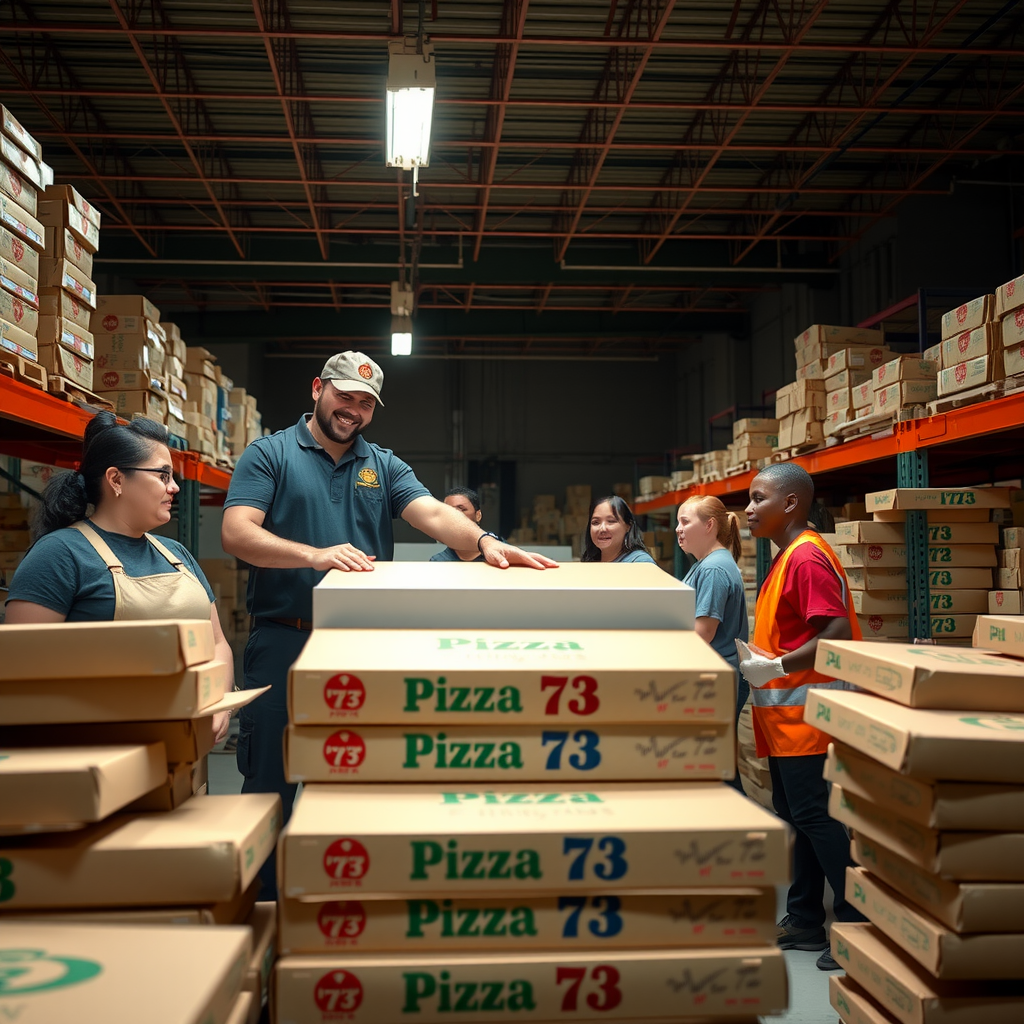 Pizza 73 team members and food bank volunteers organizing pizza donations in a food bank warehouse, with stacks of pizza boxes and community members receiving food assistance, bright overhead lighting