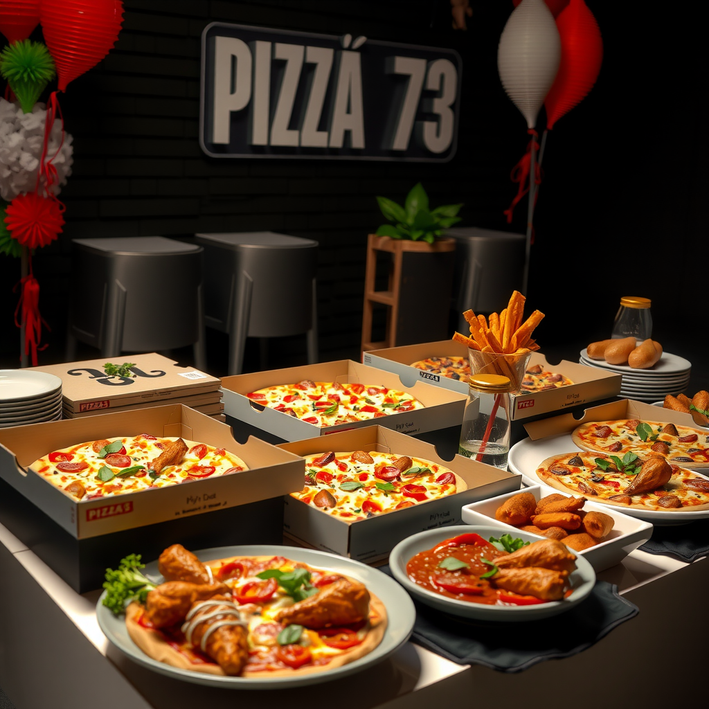Professional catering setup with multiple Pizza 73 pizza boxes, party platters, wings, and sides arranged on buffet table for corporate event with branded serving supplies and decorations