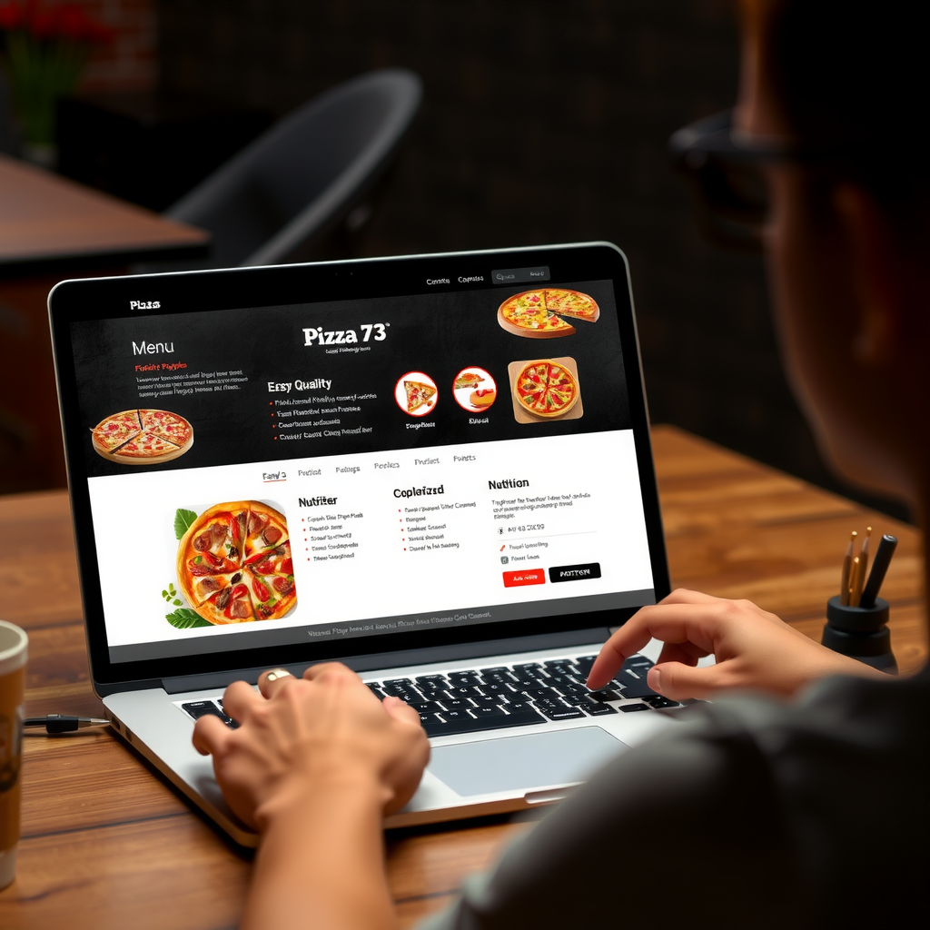 Customer using Pizza 73 website on laptop showing detailed menu with high-quality pizza images, customization options, nutritional information, and add-to-cart functionality in a clean, modern interface