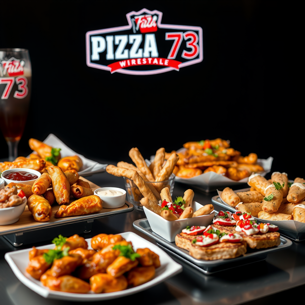 Assortment of Pizza 73 party platters including wings, breadsticks, and appetizers arranged on serving trays with garnishes