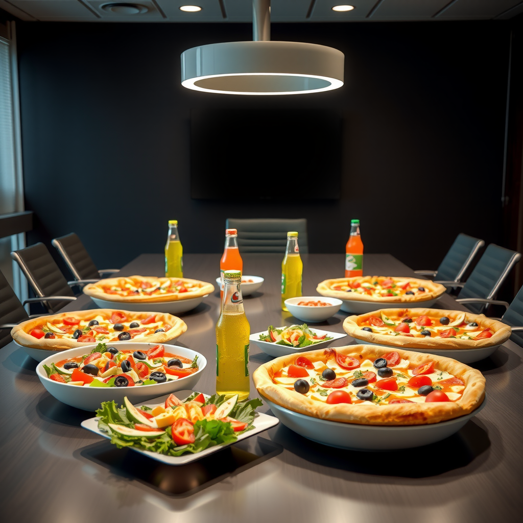 Office lunch package with 4 large pizzas, salad bowls, and beverage bottles arranged on a conference table