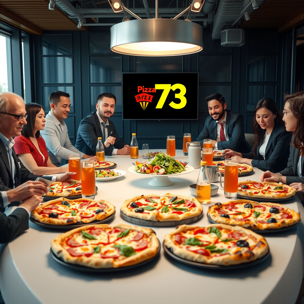 Professional corporate team meeting with Pizza 73 lunch catering spread including multiple pizzas, salads, and beverages in modern office conference room