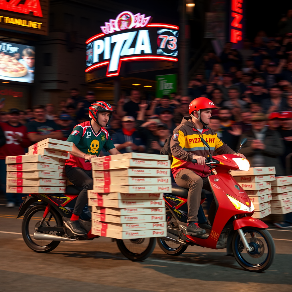 Dynamic action shot of Pizza 73 delivery drivers in motion during Grey Cup weekend with stacks of pizza boxes, football game atmosphere, energetic crowd celebrations, and neon lighting effects showing record-breaking delivery operations