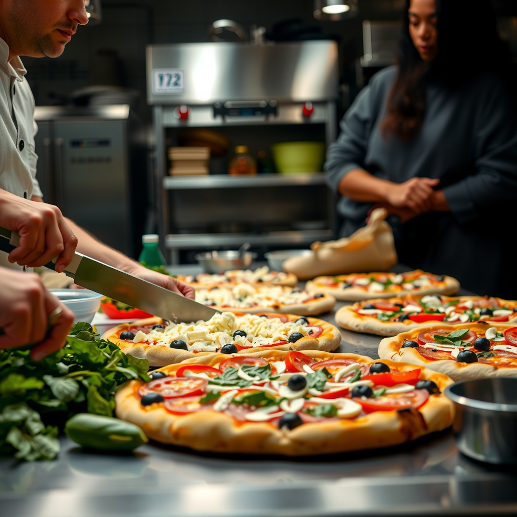 Behind-the-scenes view of Pizza 73 kitchen staff preparing plant-based pizzas, showing fresh vegetables being chopped, vegan cheese being grated, and pizzas being assembled on a stainless steel prep station with professional kitchen equipment in the background