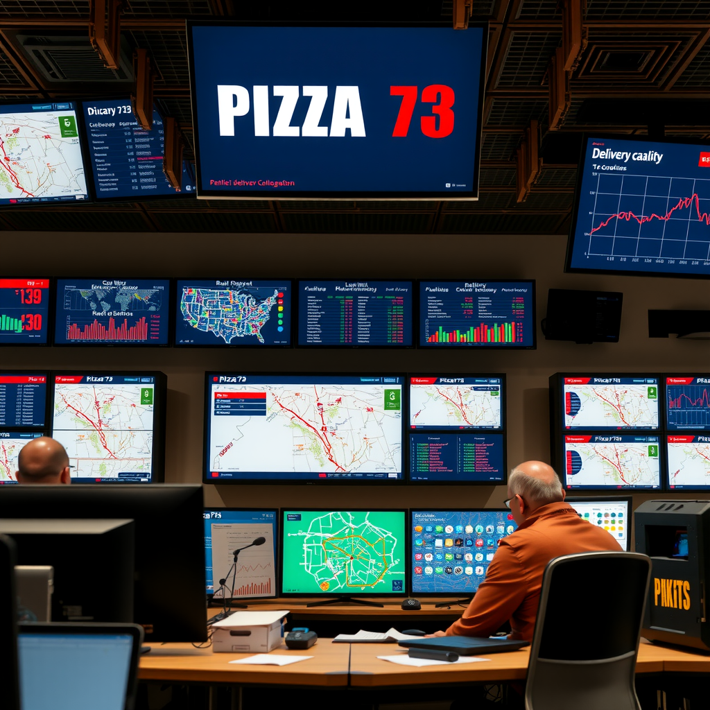 Pizza 73 dispatch center with multiple monitors showing delivery route maps, real-time order tracking systems, coordinators managing logistics, digital displays with delivery metrics, modern technology-focused operations center