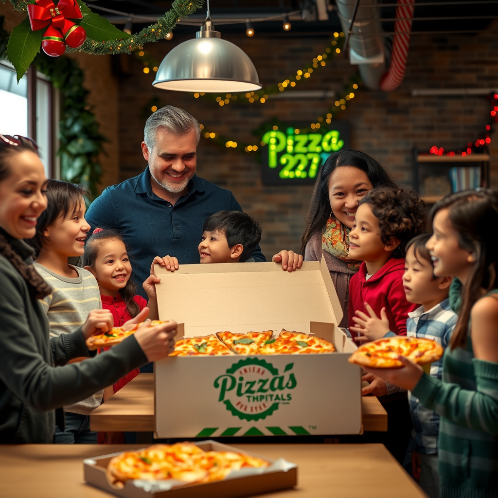 Diverse Canadian families receiving pizza donations from Pizza 73, showing happy children and grateful parents in a community center setting with holiday decorations and Pizza 73 branding visible