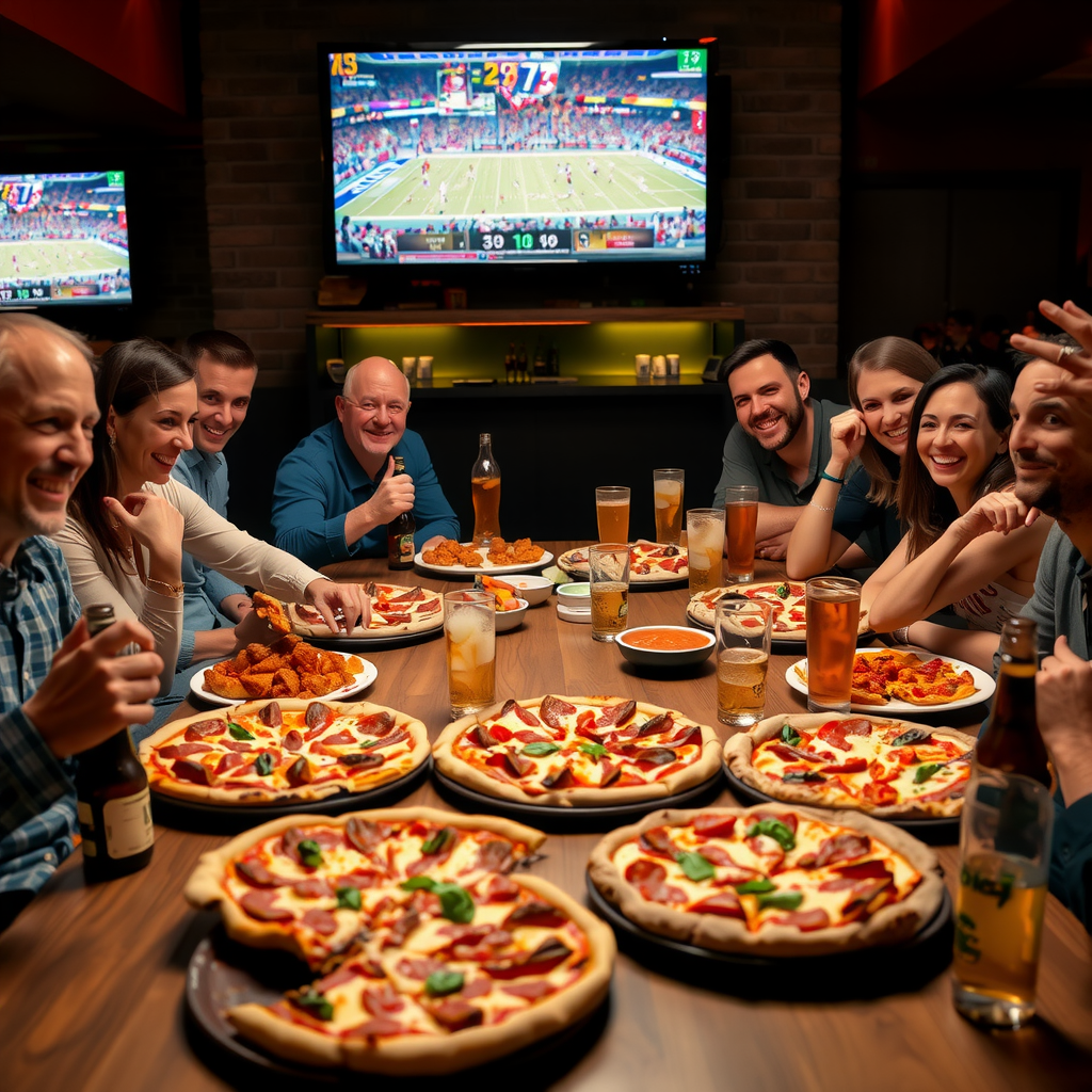 Large group celebration with friends gathered around table filled with multiple Pizza 73 pizzas, wings, sides, and beverages in party atmosphere with sports game on TV in background