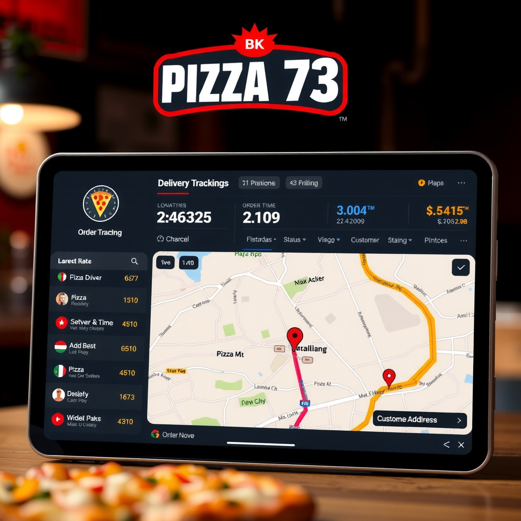 Pizza 73 order tracking screen showing interactive map with delivery driver location marker, estimated arrival time countdown, order status timeline, and customer address pin with route visualization