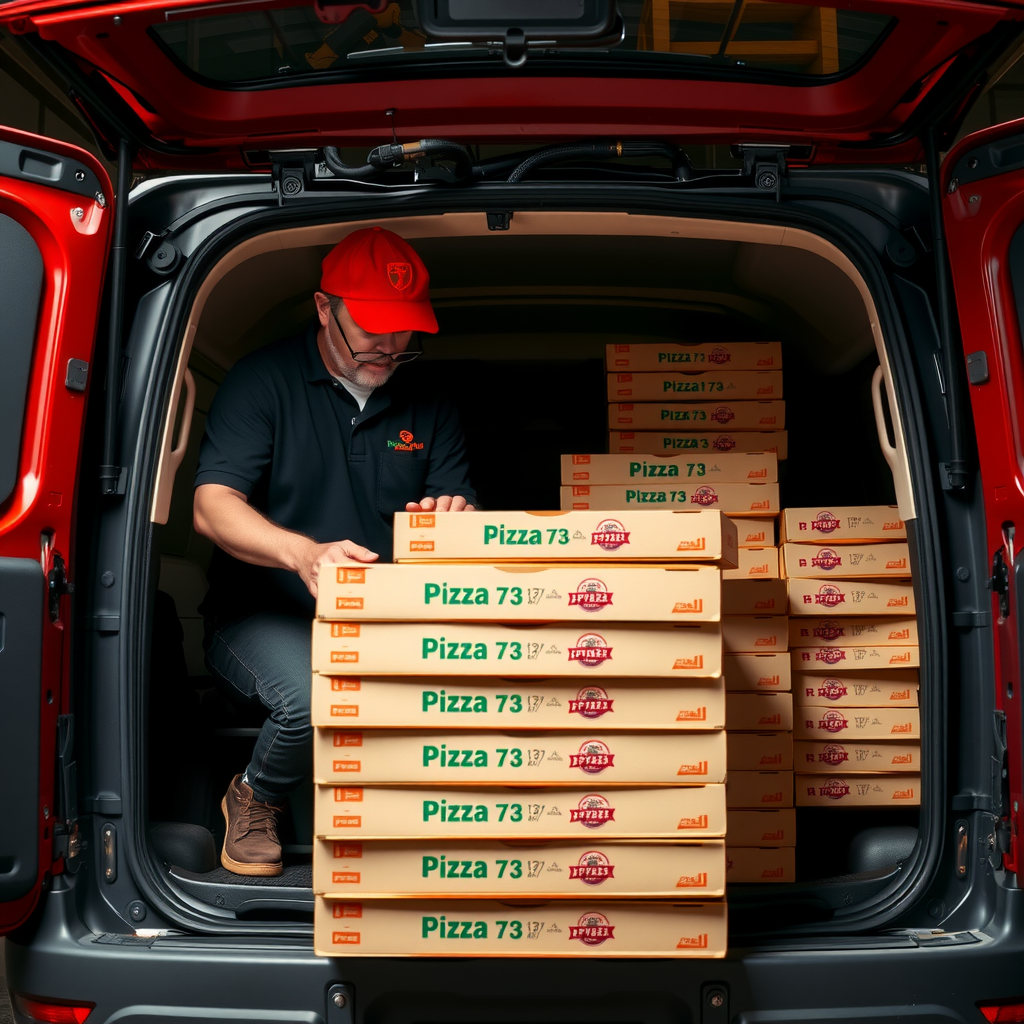 Pizza 73 delivery driver unloading multiple stacks of pizza boxes from delivery vehicle for a large catering order
