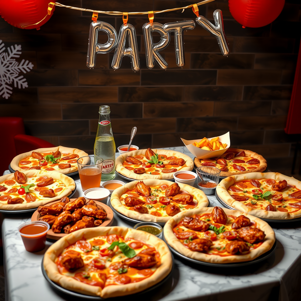 Party spread with 6 pizzas, multiple wing platters, sides, dipping sauces and beverages on a festive table