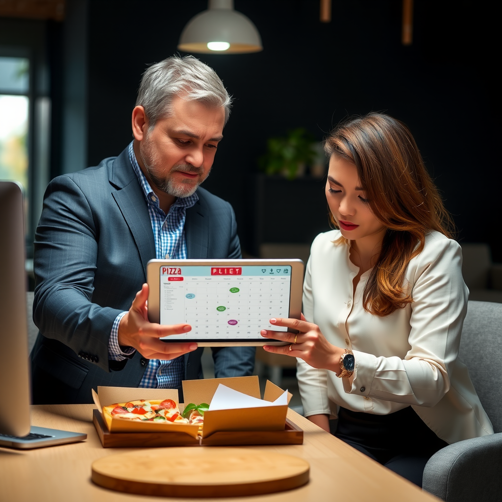 Pizza 73 corporate account manager meeting with business client in professional office setting, reviewing delivery schedules and menu options on tablet