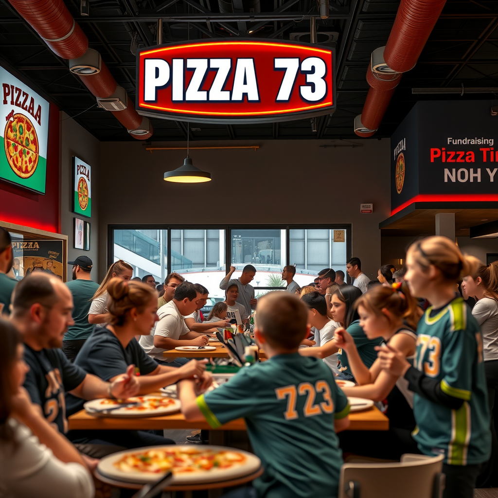 Busy Pizza 73 restaurant during a fundraising pizza night with families dining together, volunteers wearing team shirts, and promotional banners displaying the fundraising organization's logo