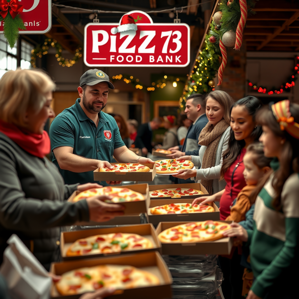 Heartwarming scene of Pizza 73 team members distributing pizzas to local food bank with holiday decorations, families receiving donations, festive atmosphere with warm lighting and community spirit during December charity campaign
