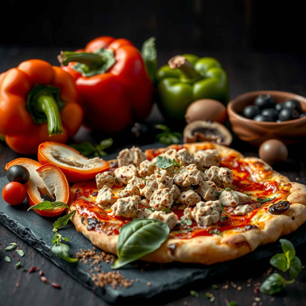 Close-up artistic shot of fresh plant-based pizza ingredients including colorful bell peppers, mushrooms, olives, Beyond Meat crumbles, and vegan cheese arranged on a dark slate board with herbs and spices scattered around, professional food photography with dramatic lighting