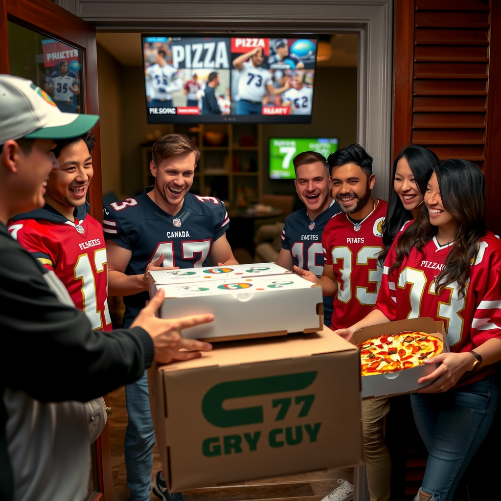 Excited group of friends receiving Pizza 73 delivery at their door during Grey Cup game, everyone wearing team jerseys, delivery driver handing over multiple pizza boxes, smiles and enthusiasm, living room with TV visible in background showing football game
