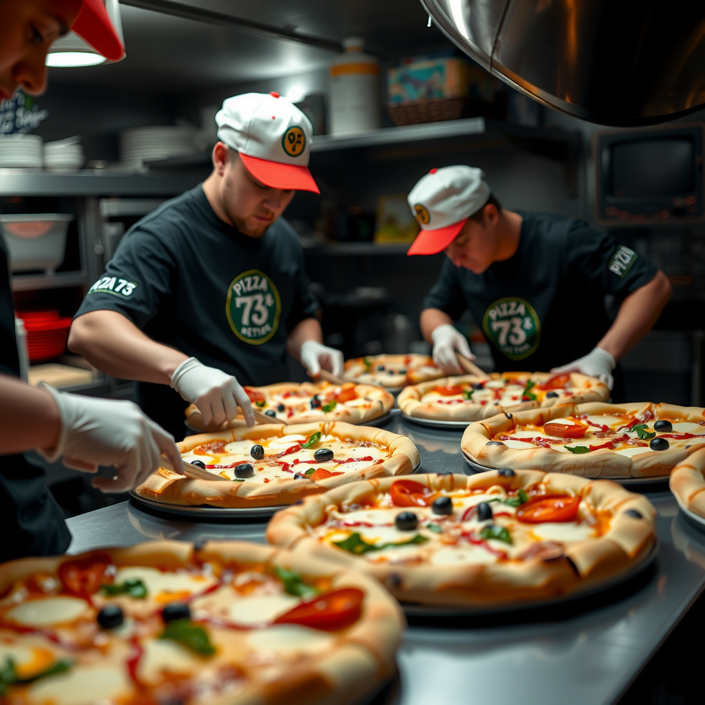 Pizza 73 kitchen staff preparing fresh pizzas for donation, showing multiple pizzas being made simultaneously with ingredients visible, professional kitchen environment with Pizza 73 branded uniforms and equipment