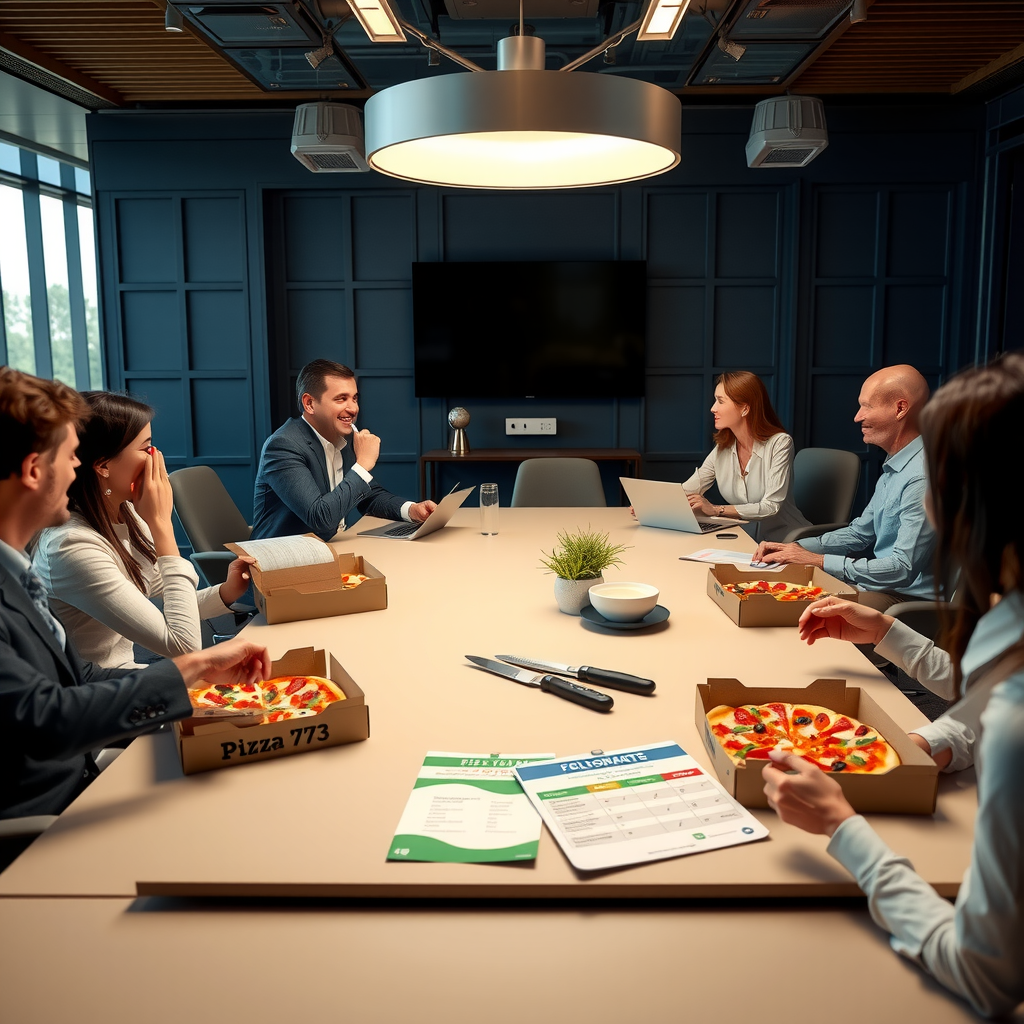 Modern office meeting room with Pizza 73 corporate lunch delivery setup, business professionals enjoying pizza during meeting, branded corporate account materials and delivery schedule on conference table