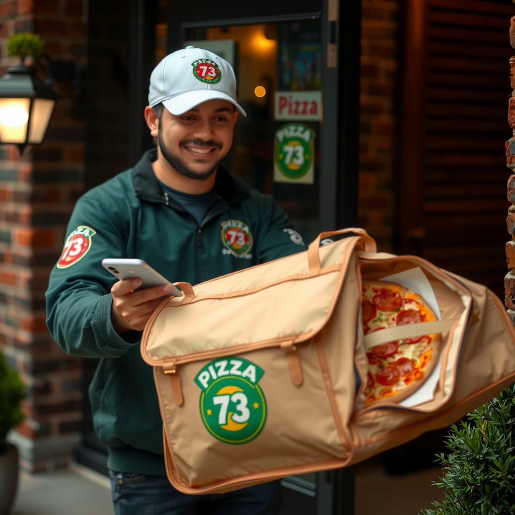 Pizza 73 delivery driver placing pizza order in insulated bag at customer's doorstep, maintaining safe distance, with contactless delivery notification on customer's phone showing order arrival