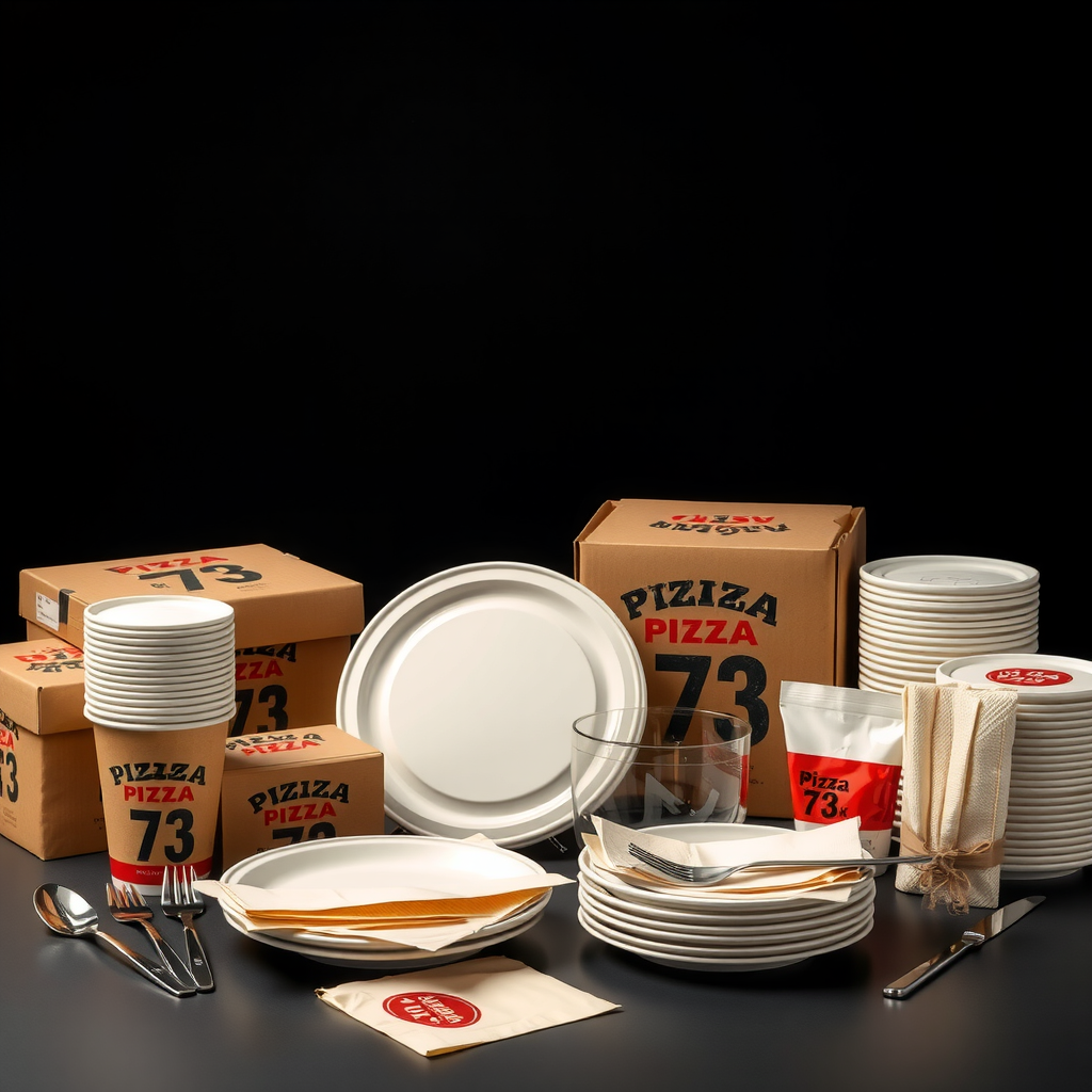 Complete set of Pizza 73 catering supplies including branded boxes, disposable plates, napkins, serving utensils, and condiment packets