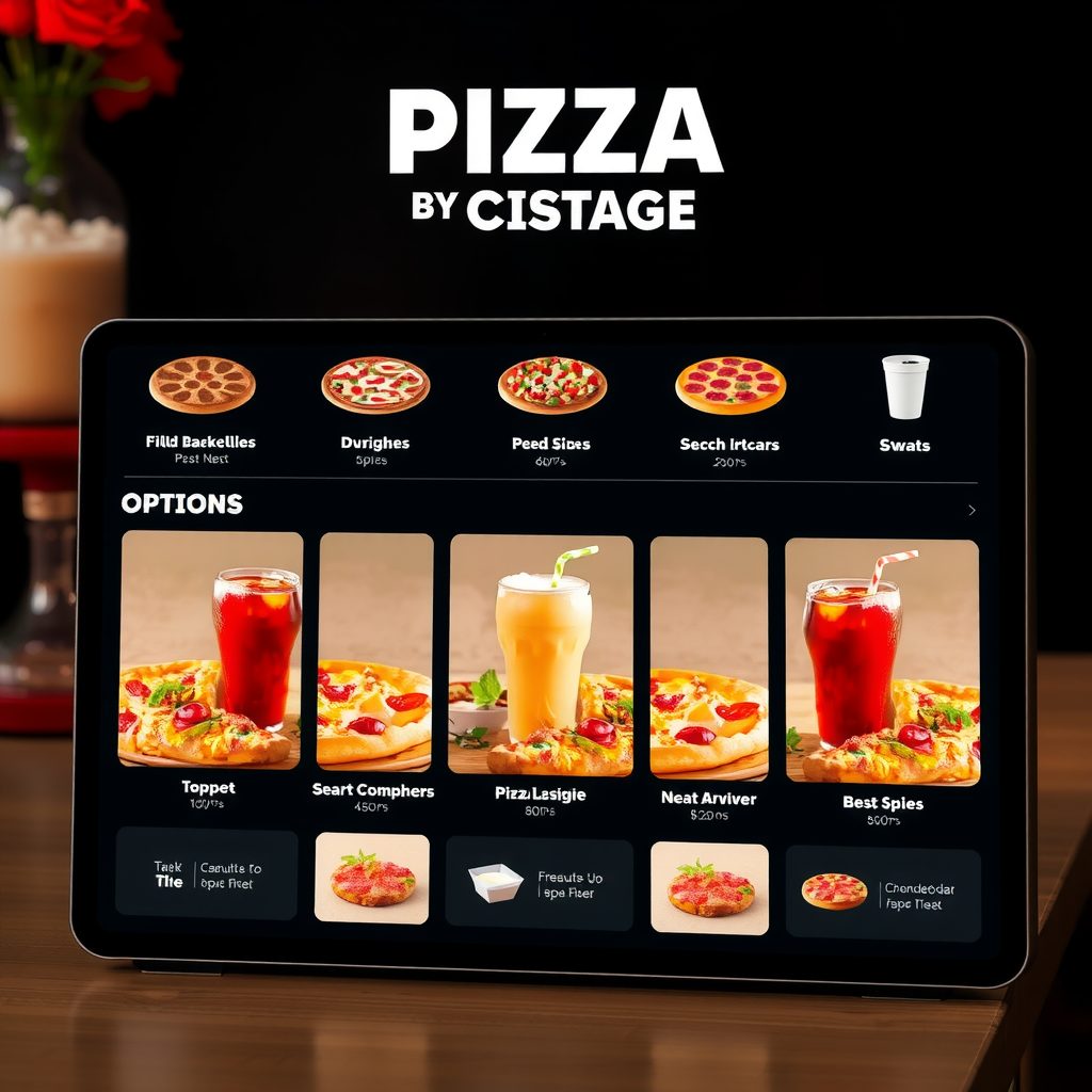 Interactive digital interface showing customizable pizza package options with various toppings, sides and beverage selections