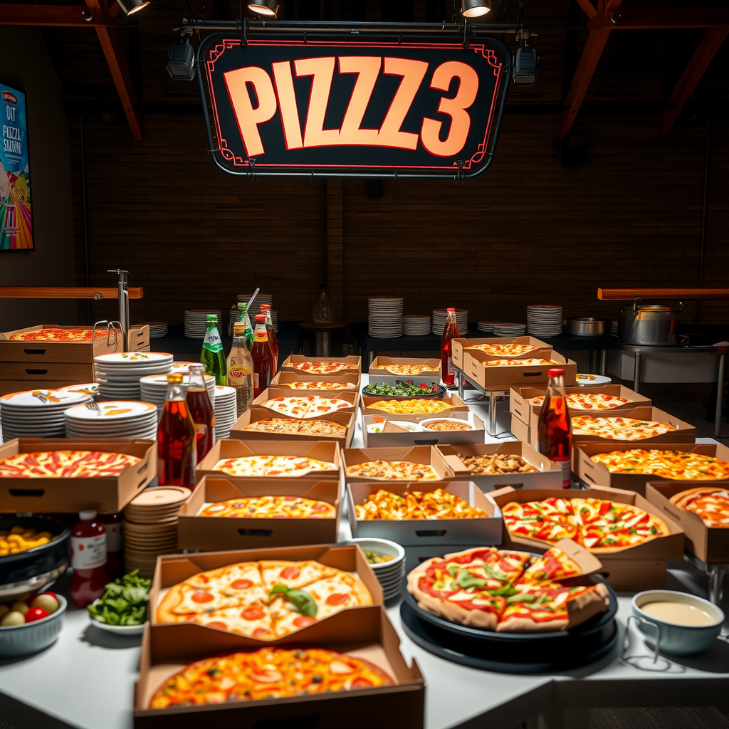 Extensive Pizza 73 corporate catering spread with numerous pizza boxes, side dishes, beverages, and serving supplies arranged for large business event