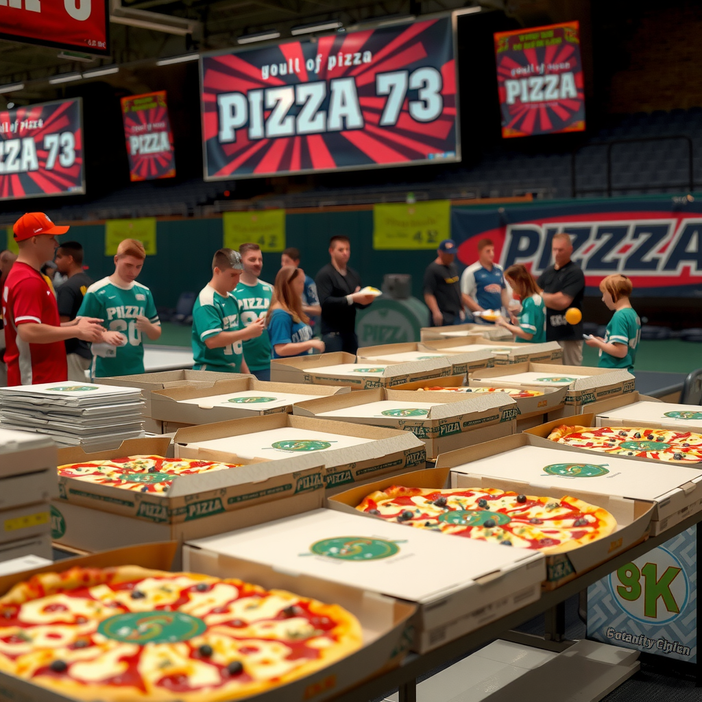 Pizza 73 catering setup at a youth sports tournament with multiple pizza boxes arranged on tables, young athletes and families enjoying food, and team banners in the background