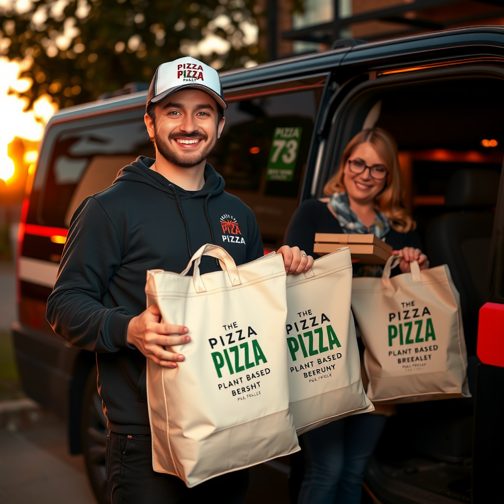 Pizza 73 delivery driver holding insulated pizza bags with the company logo, standing next to a branded delivery vehicle at sunset, with a satisfied customer receiving their plant-based pizza order at their doorstep, warm lighting creating an inviting atmosphere