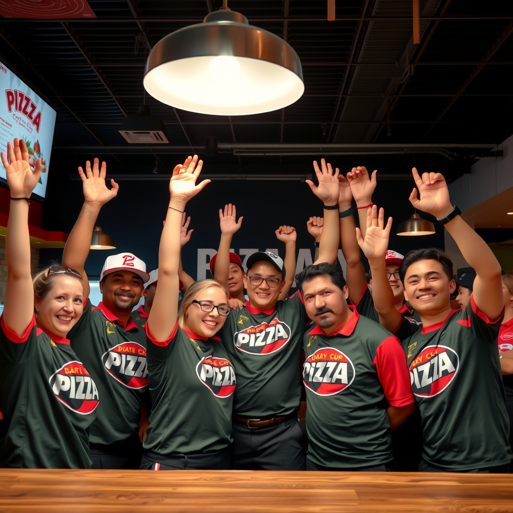 Pizza 73 team members celebrating after successful Grey Cup weekend, staff gathered together with raised hands in victory pose, Pizza 73 branded uniforms, smiles and excitement, sense of accomplishment and team unity, inside Pizza 73 location