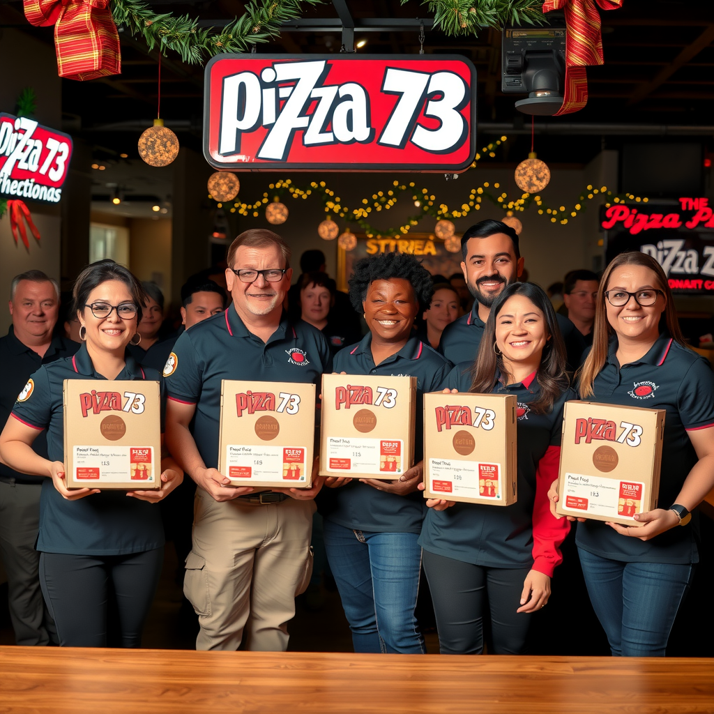 Pizza 73 employees and franchise owners celebrating the charity initiative launch, diverse team members wearing Pizza 73 uniforms, holding pizza boxes with donation labels, festive atmosphere with holiday decorations