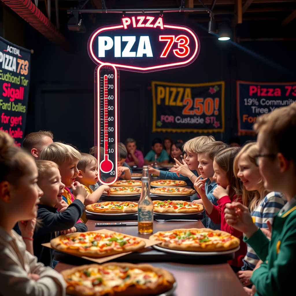 School fundraising event with Pizza 73 pizza night, students and parents enjoying pizza, fundraising thermometer showing progress, promotional materials and community support banners with bright neon accents