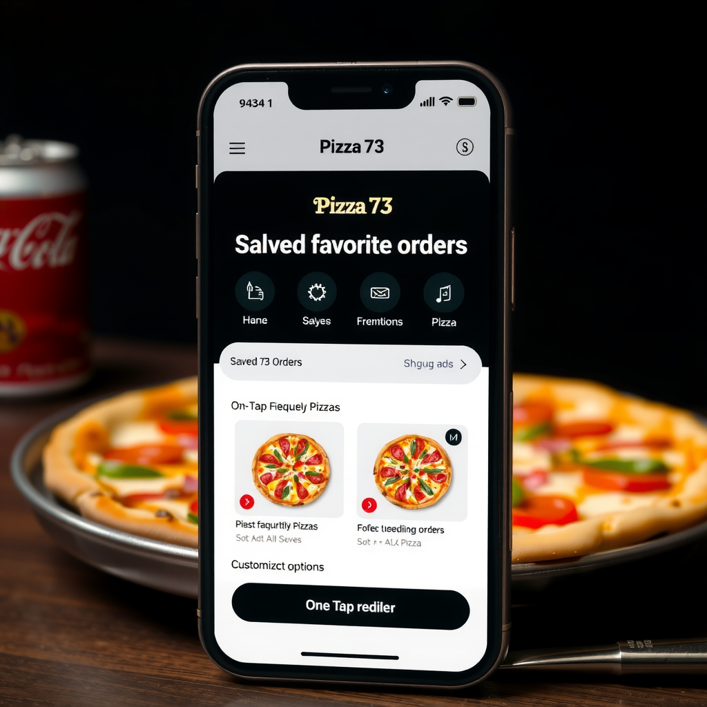 Pizza 73 app interface showing saved favorite orders section with thumbnail images of frequently ordered pizzas, one-tap reorder buttons, and customization quick-edit options