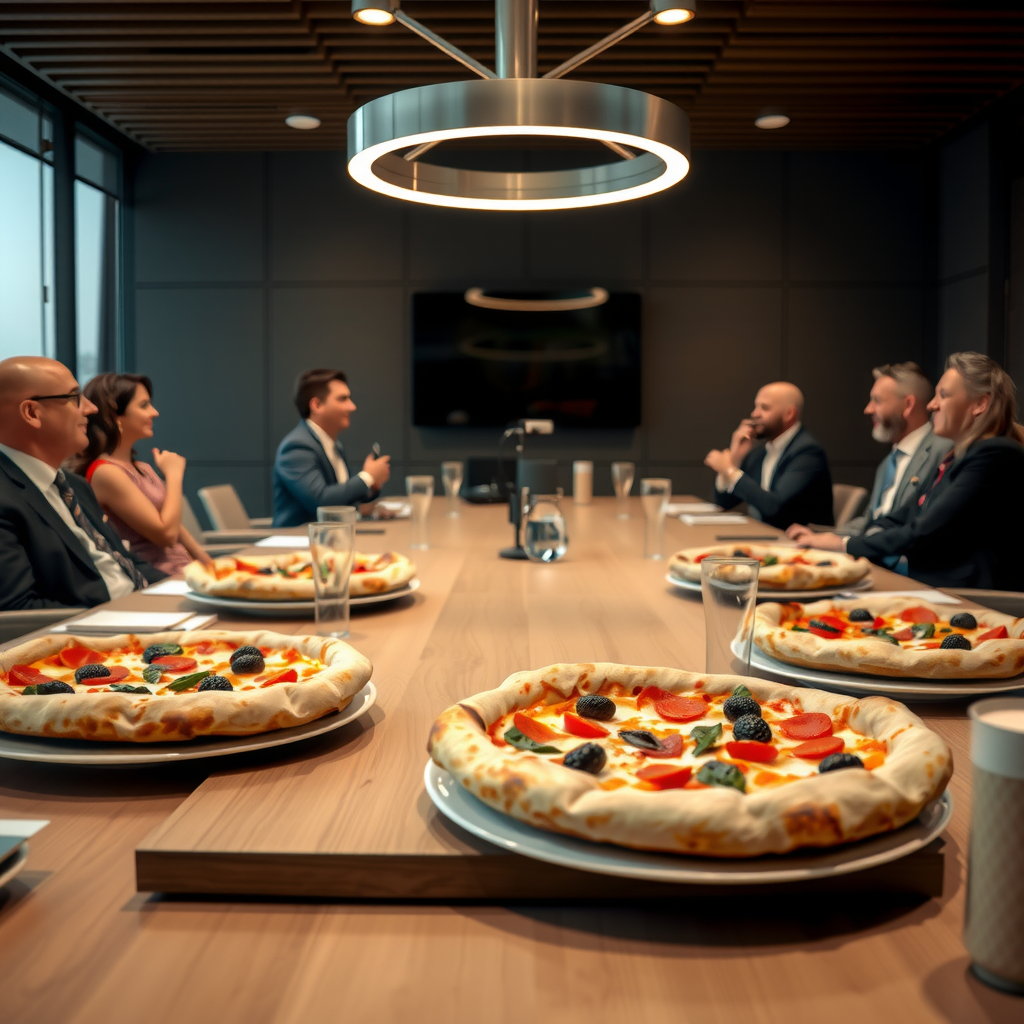Professional corporate meeting room with Pizza 73 catering setup on conference table, business people in background enjoying pizza during break