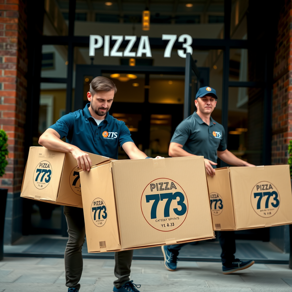 Professional delivery team carrying large catering boxes to an office building entrance with Pizza 73 branded packaging