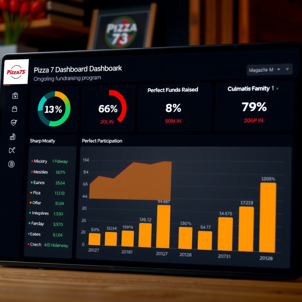 Digital dashboard showing Pizza 73 ongoing fundraising program statistics with graphs tracking monthly sales, supporter participation rates, and cumulative funds raised over time